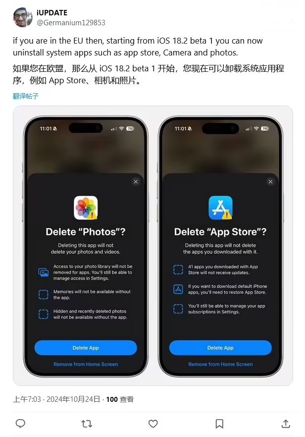 和静苹果手机维修分享iOS 18.2 支持删除 App Store 应用商店 